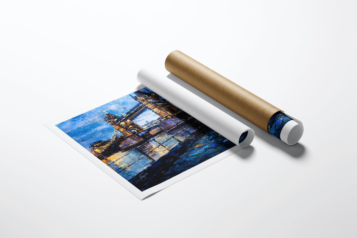 Limited edition London Stroll fine art print on rolled canvas, rich cityscape with blue sky and reflective water, showcasing . - London Stroll/AP/#323 - Artist Proofs, Cityscape AP, Rolled Canvas, Water Scenes AP