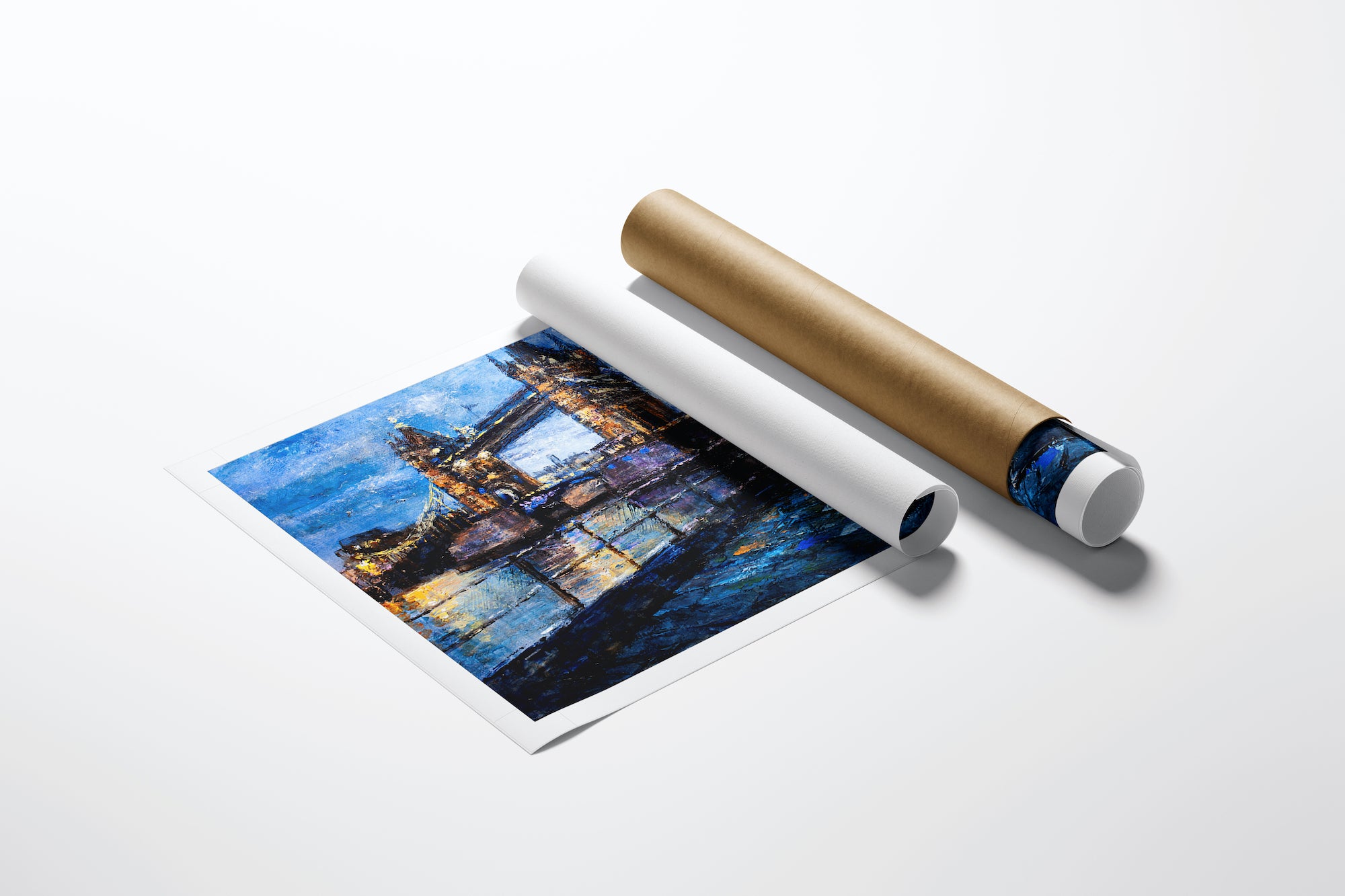 Limited edition London Stroll fine art print on rolled canvas, rich cityscape with blue sky and reflective water, showcasing . - London Stroll/AP/#323 - Artist Proofs, Cityscape AP, Rolled Canvas, Water Scenes AP