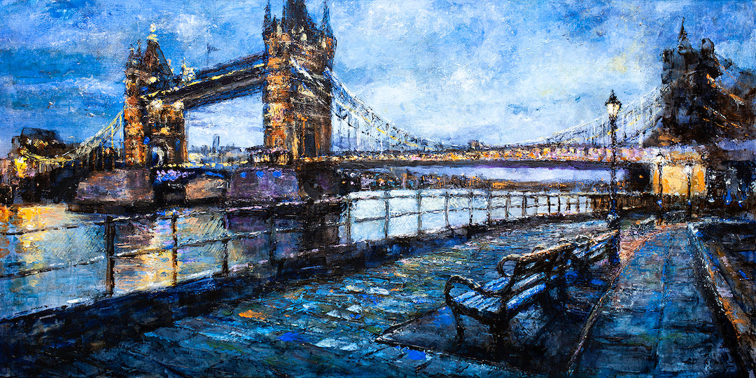 Richly detailed fine art canvas featuring a limited edition London cityscape at dusk with Tower Bridge illuminated,. - London Stroll/AP/#323 - Artist Proofs, Cityscape AP, Rolled Canvas, Water Scenes AP