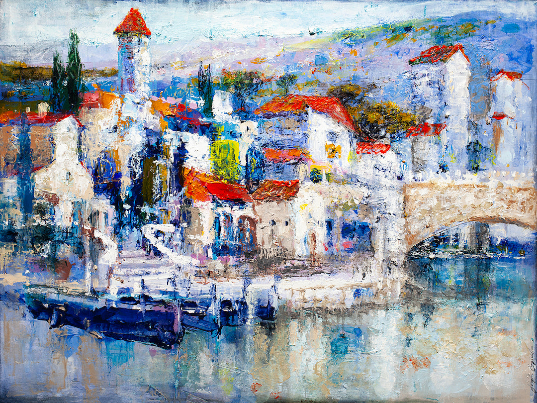 Richly textured fine art canvas depicting a limited edition seaside village with vibrant red rooftops, stone buildings, and. - Seaside Village/AP/#324 - Artist Proofs, Cityscape AP, Rolled Canvas, Water Scenes AP