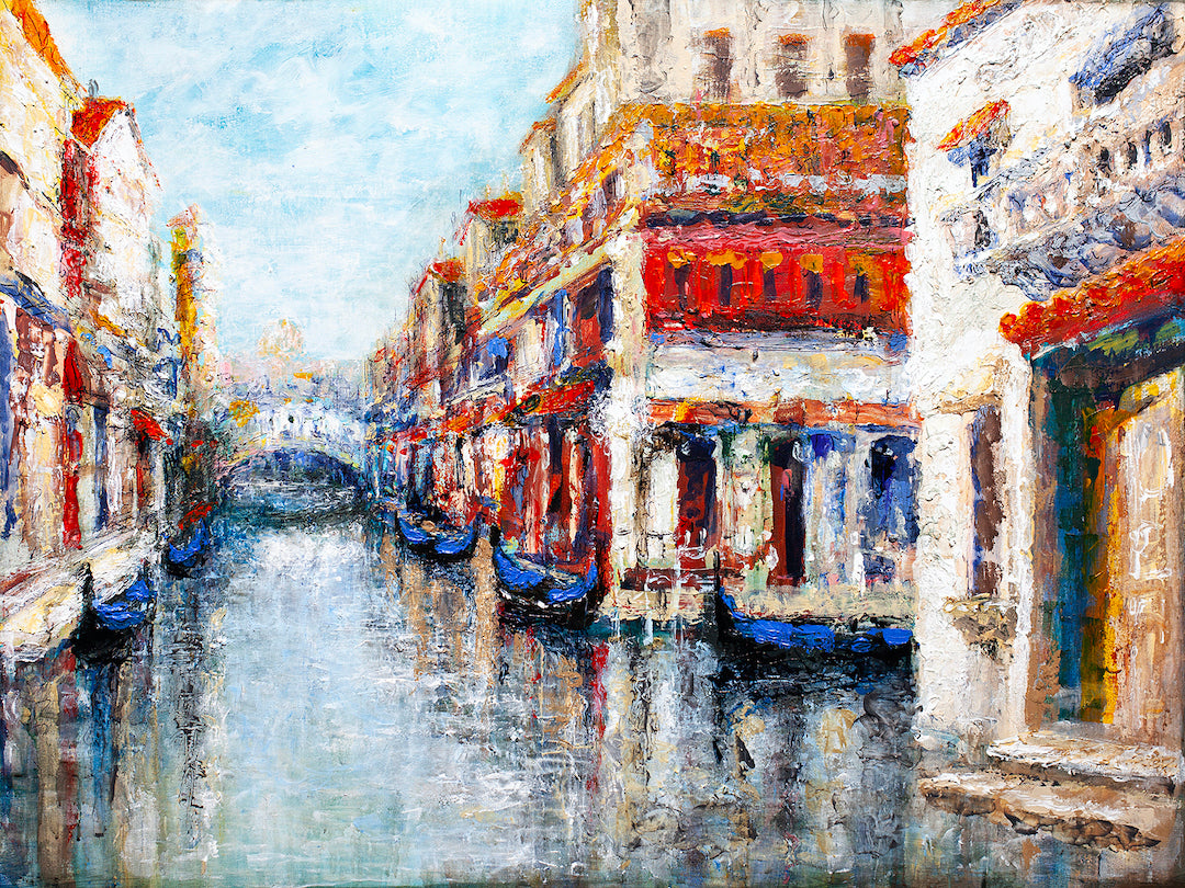 Rich, textured gallery-level fine art of Venice canal with reflections and warm-toned buildings, showcasing craftsmanship. - Venice at Rest/AP/#325 - Artist Proofs, Cityscape AP, Rolled Canvas, Water Scenes AP