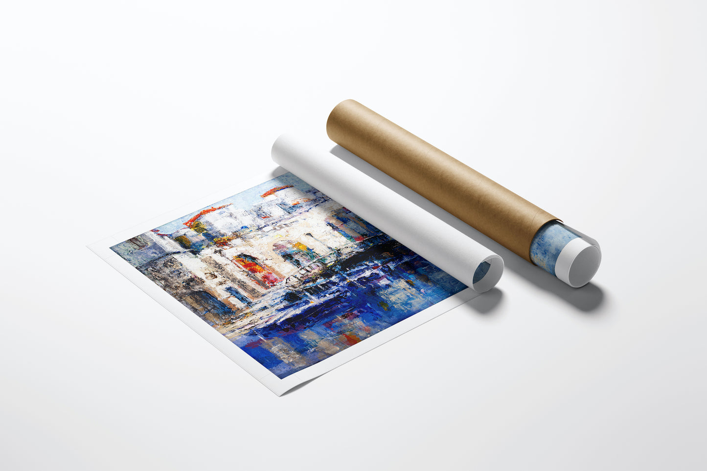 Limited edition fine art cityscape on rolled canvas featuring rich blues and warm earthy tones, showcasing expert. - Coastal Gem/AP/#326 - Artist Proofs, Cityscape AP, Rolled Canvas, Water Scenes AP