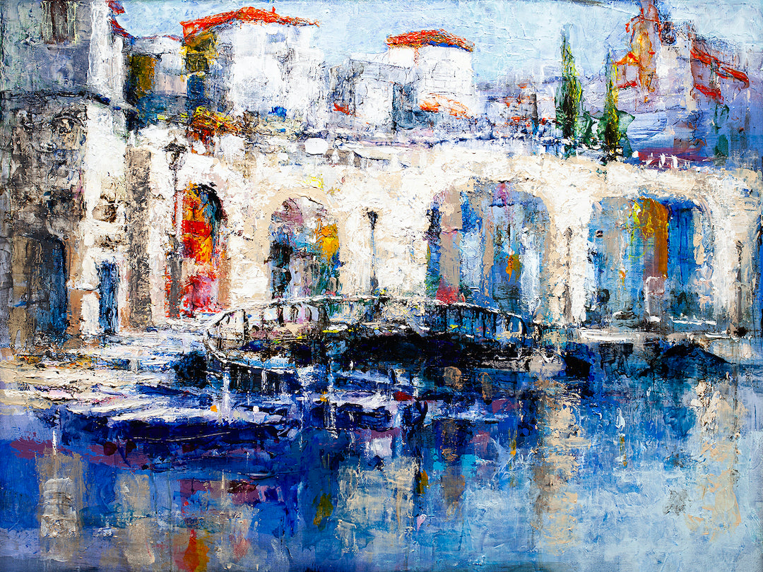 Limited gallery-level fine art of a vibrant coastal cityscape with rich blue water reflections, textured craftsmanship on. - Coastal Gem/AP/#326 - Artist Proofs, Cityscape AP, Rolled Canvas, Water Scenes AP