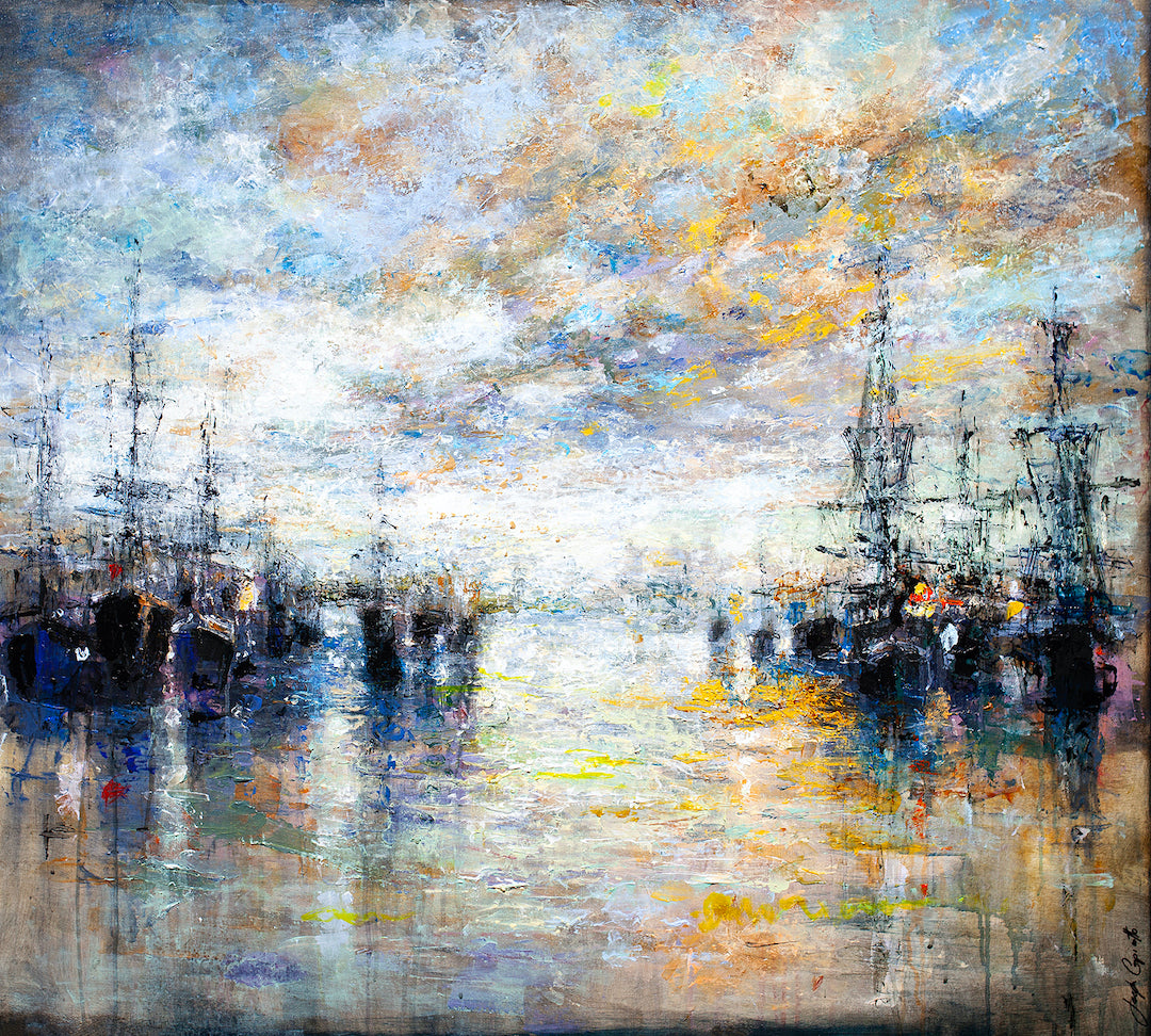Rich, limited fine art canvas featuring a luminous harbor scene with softly textured water and delicately crafted boats. - Harbour Glow/AP/#330 - Artist Proofs, Rolled Canvas, Water Scenes AP