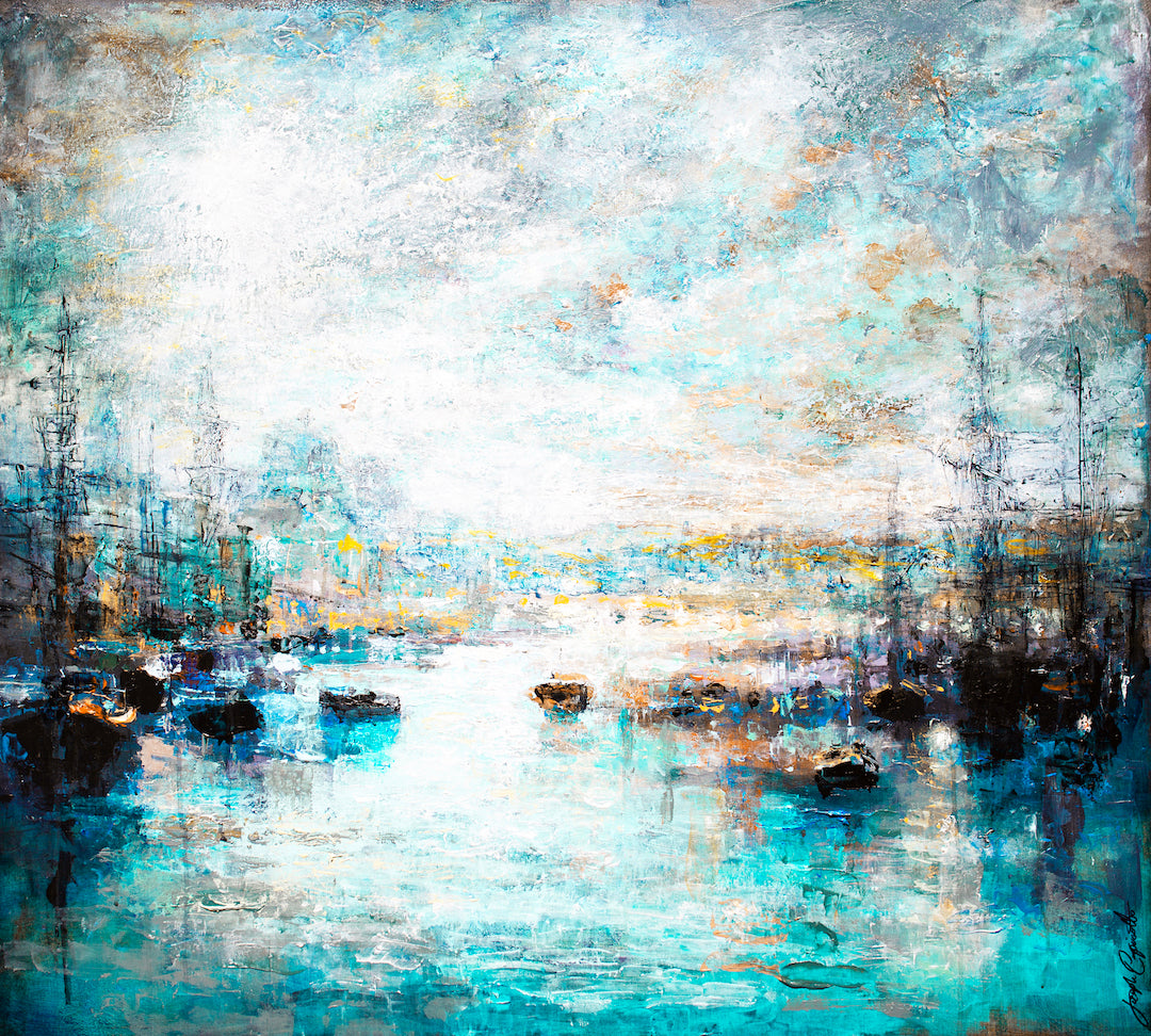 Limited fine art canvas print featuring a rich, textured water scene with boats, soft blues, and muted earth tones,. - Moon Glow/#331/A - Blues, Color, Prints, Subject Matter, Water Scenes