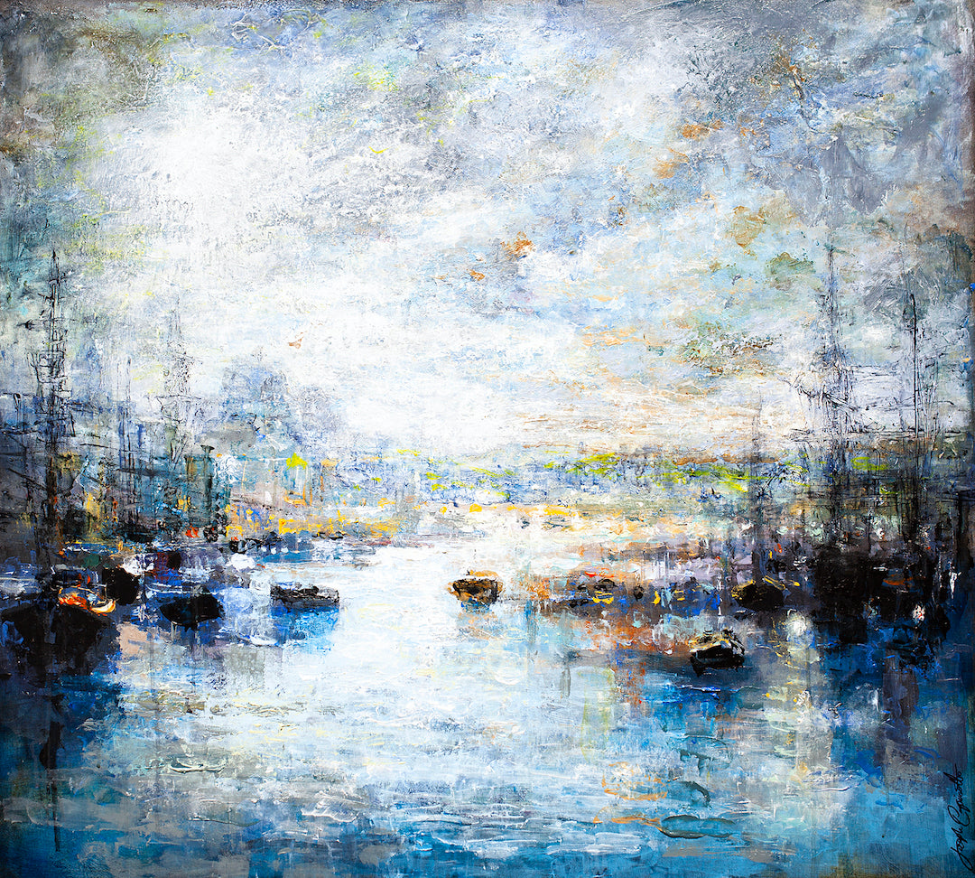 Rich, gallery-level fine art showing a misty harbor with boats, textured brushwork, and soft blues and grays on rolled canvas. - Moon Glow/AP/#331 - Artist Proofs, Rolled Canvas, Water Scenes AP