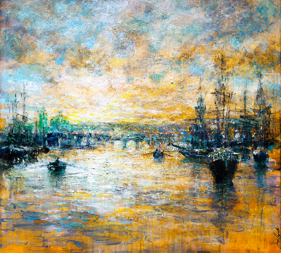 Fine art canvas print featuring a rich, textured water scene at sunrise with blues and vibrant oranges, showcasing. - Morning Glow/#332/A - Blues, Color, Oranges, Prints, Subject Matter, Water Scenes