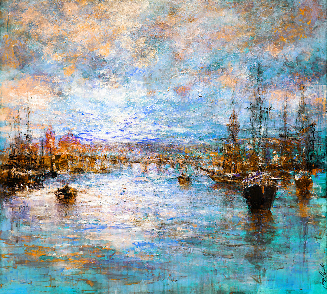 Limited fine art canvas depicting a rich, impressionistic water scene with boats under a glowing blue and orange sky,. - Morning Glow/#332/C - Blues, Color, Oranges, Prints, Subject Matter, Water Scenes