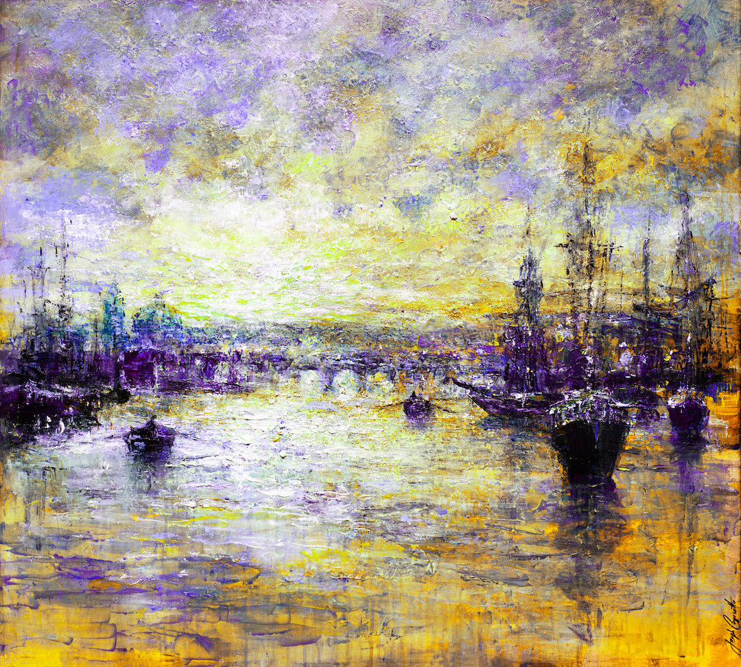 Fine art canvas print of a rich, textured water scene at sunrise with vibrant oranges, purples, and golds, showcasing expert . - Morning Glow/#332/B - Color, Oranges, Prints, Purples, Subject Matter, Water Scenes