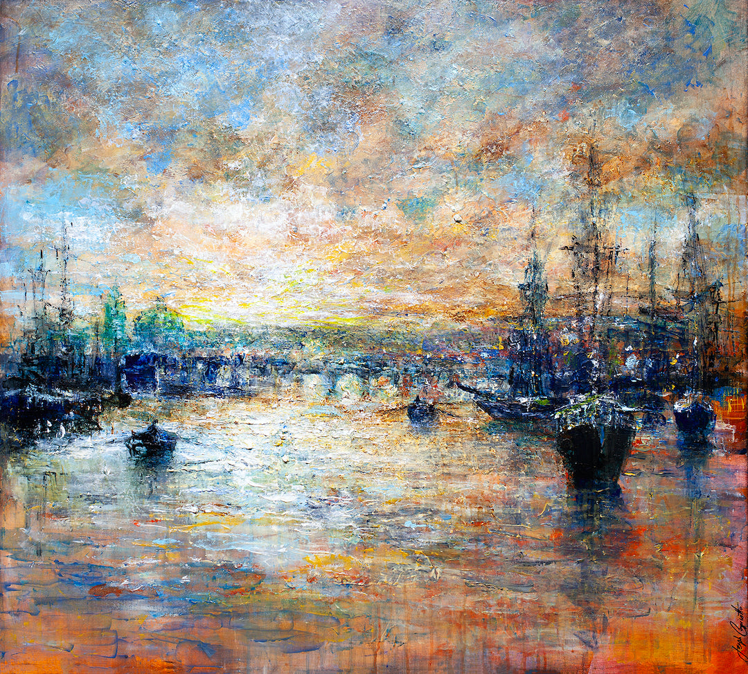 Richly textured fine art canvas depicting a vibrant harbor scene at sunrise, featuring boats and shimmering water under a. - Morning Glow/AP/#332 - Artist Proofs, Rolled Canvas, Water Scenes AP