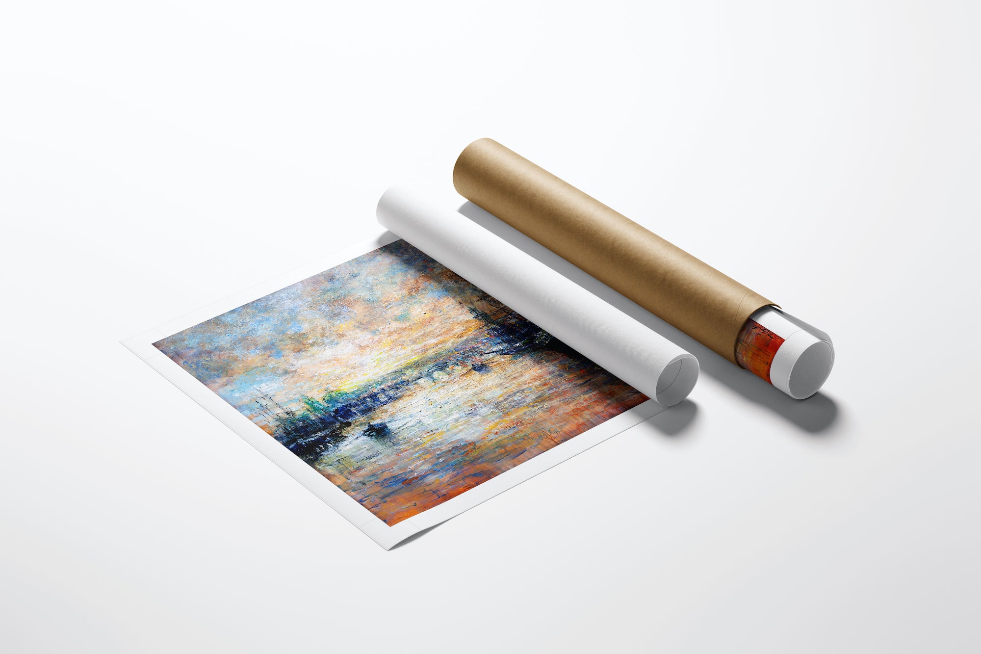 Limited edition fine art print on rolled canvas depicting a rich, impressionistic water scene with vibrant blues, oranges,. - Morning Glow/AP/#332 - Artist Proofs, Rolled Canvas, Water Scenes AP