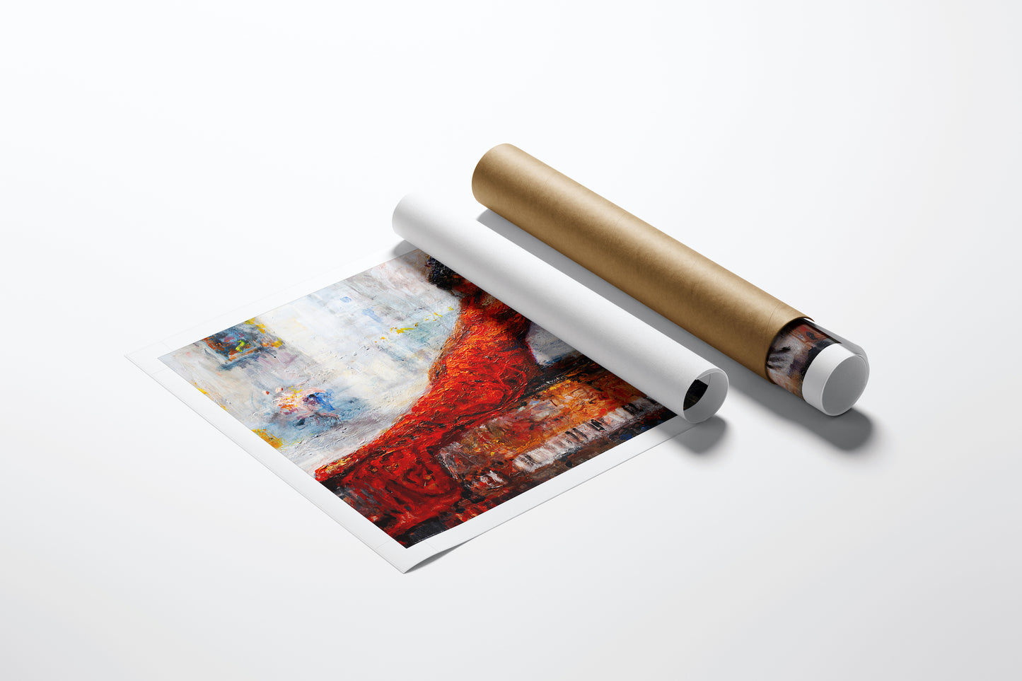 Rolled limited edition fine art print on paper with rich red and blue tones, showcasing gallery-level craftsmanship,. - Draped in Red/AP/#333 - Artist Proofs, Figurative AP, Rolled Canvas, Women & Piano AP