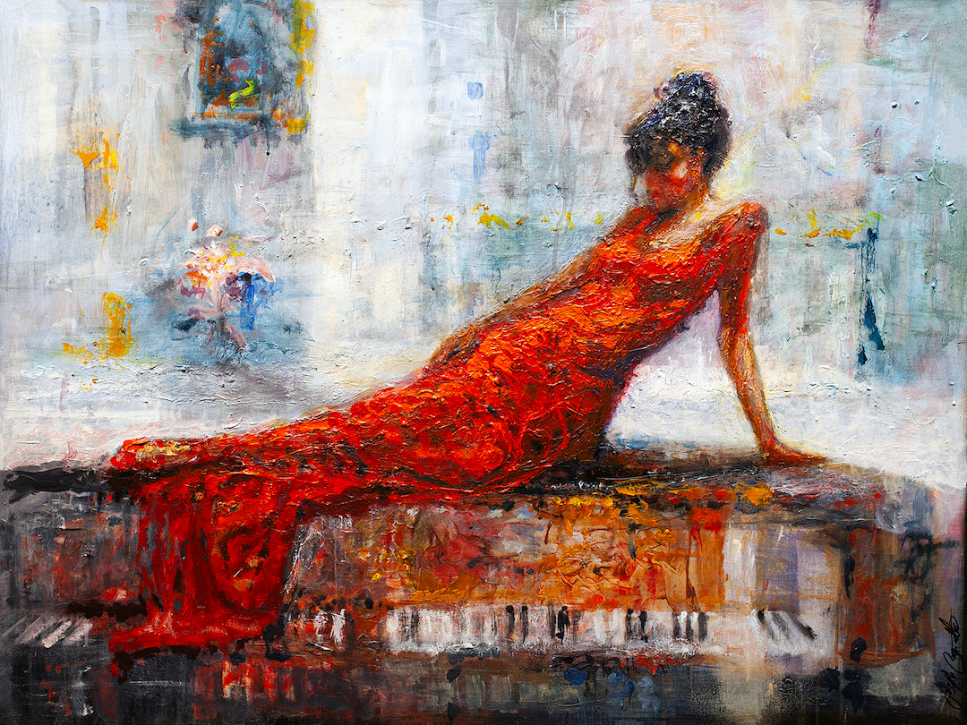 Limited edition fine art canvas featuring a woman in a rich red dress draped over a piano, showcasing gallery-level. - Draped in Red/AP/#333 - Artist Proofs, Figurative AP, Rolled Canvas, Women & Piano AP