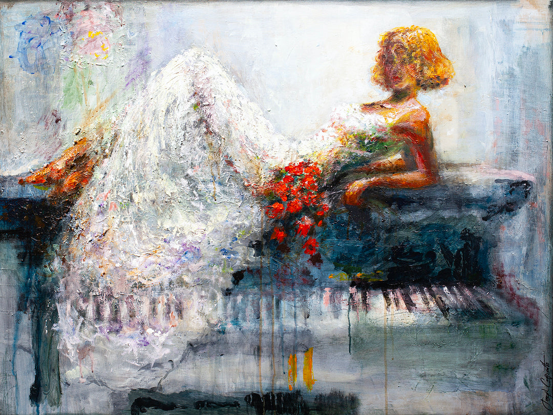 Rich fine art painting of a woman in a textured white dress reclining on a piano, holding red roses, showcasing gallery. - Red Roses/AP/#334 - Artist Proofs, Figurative AP, Rolled Canvas, Women & Piano AP