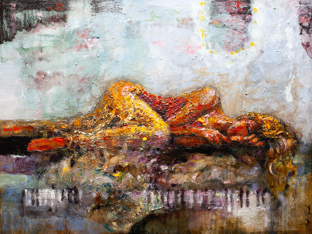 Limited fine art canvas depicting a rich, textured figurative woman reclining over a piano, showcasing gallery-level. - Sleeping Beauty/AP/#335 - Artist Proofs, Figurative AP, Rolled Canvas, Women & Piano AP