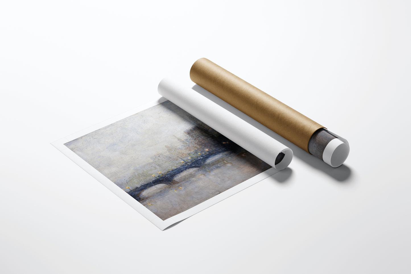Rolled canvas fine art with rich, textured cityscape in muted blues and grays, showcasing gallery-level craftsmanship and. - London Fog/AP/#339 - Artist Proofs, Cityscape AP, Rolled Canvas, Water Scenes AP