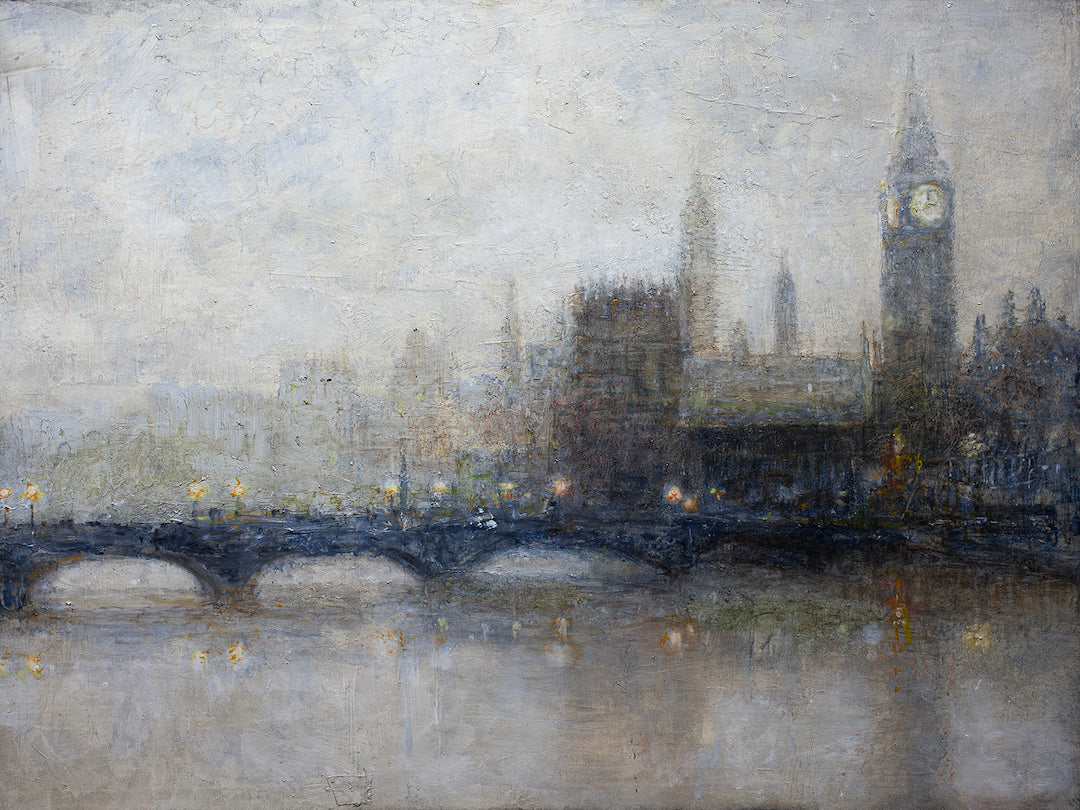 Limited fine art cityscape of London fog over Thames with Big Ben silhouette on gallery-level rolled canvas, rich in quality . - London Fog/AP/#339 - Artist Proofs, Cityscape AP, Rolled Canvas, Water Scenes AP