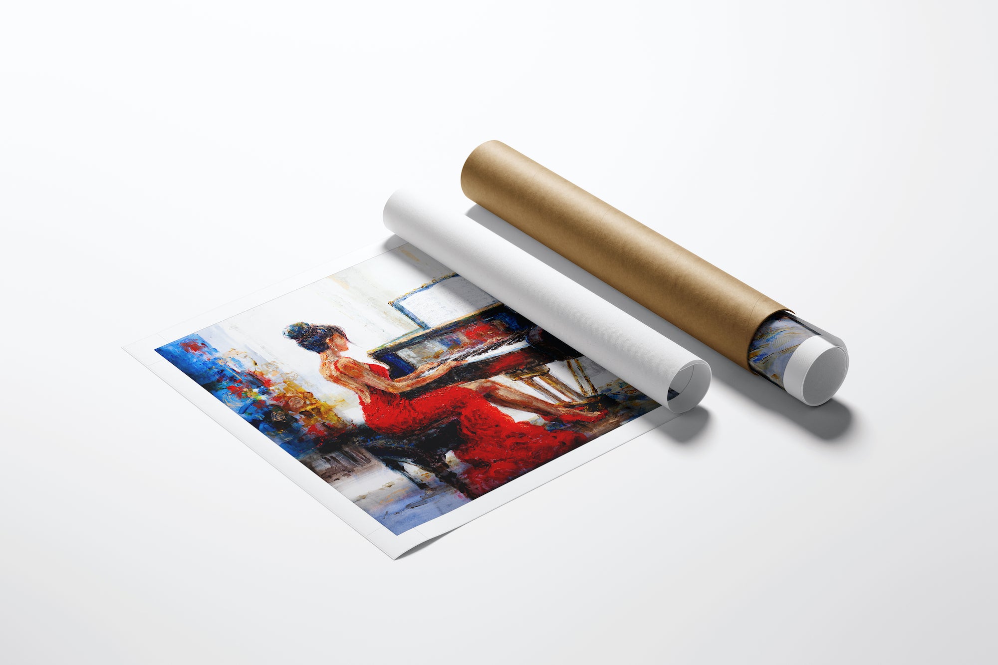 Rolled limited edition fine art print on paper featuring rich, gallery-level figurative artwork of a woman in a red dress. - Classic Piano #1/AP/#341 - Artist Proofs, Figurative AP, Rolled Canvas, Women & Piano AP