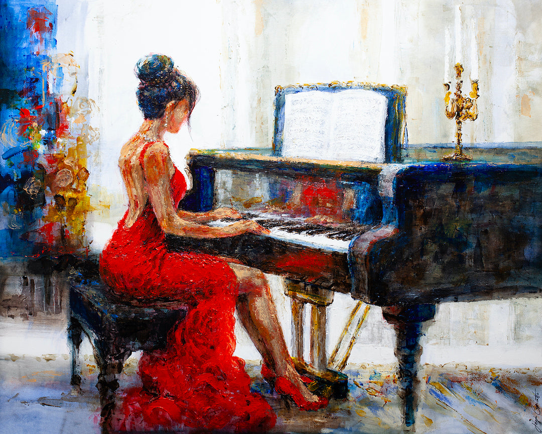 Fine art painting of a woman in a red dress playing a black grand piano by a bright window, showcasing rich brushstrokes and . - Classic Piano #1/AP/#341 - Artist Proofs, Figurative AP, Rolled Canvas, Women & Piano AP