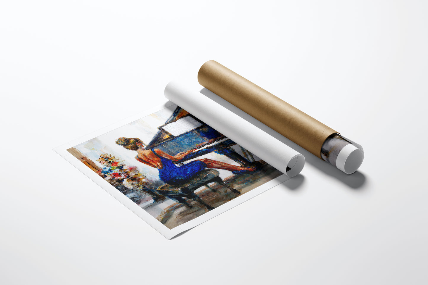 Rolled fine art canvas featuring a rich, gallery-level figurative painting of a woman playing piano, showcasing expert. - Classic Piano #2/AP/#342 - Artist Proofs, Figurative AP, Rolled Canvas, Women & Piano AP