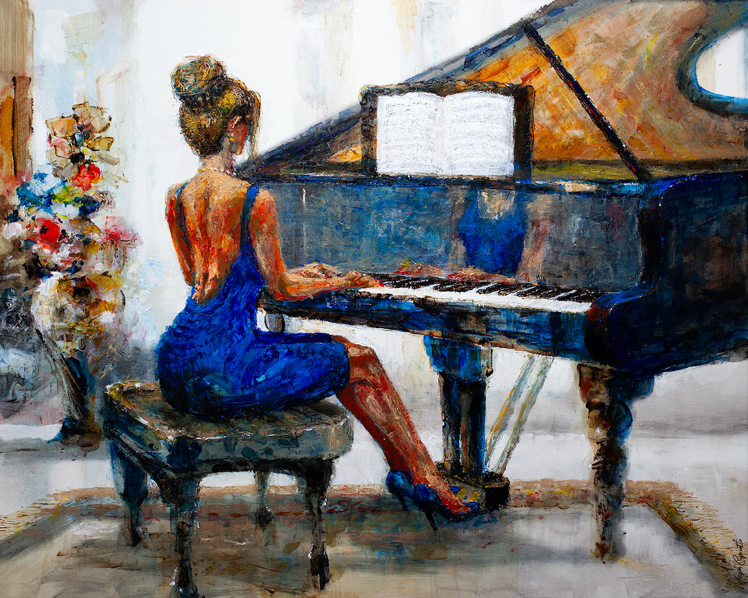 Rich fine art painting of a woman in a blue dress seated at a black grand piano, detailed brushwork, gallery-level. - Classic Piano #2/AP/#342 - Artist Proofs, Figurative AP, Rolled Canvas, Women & Piano AP