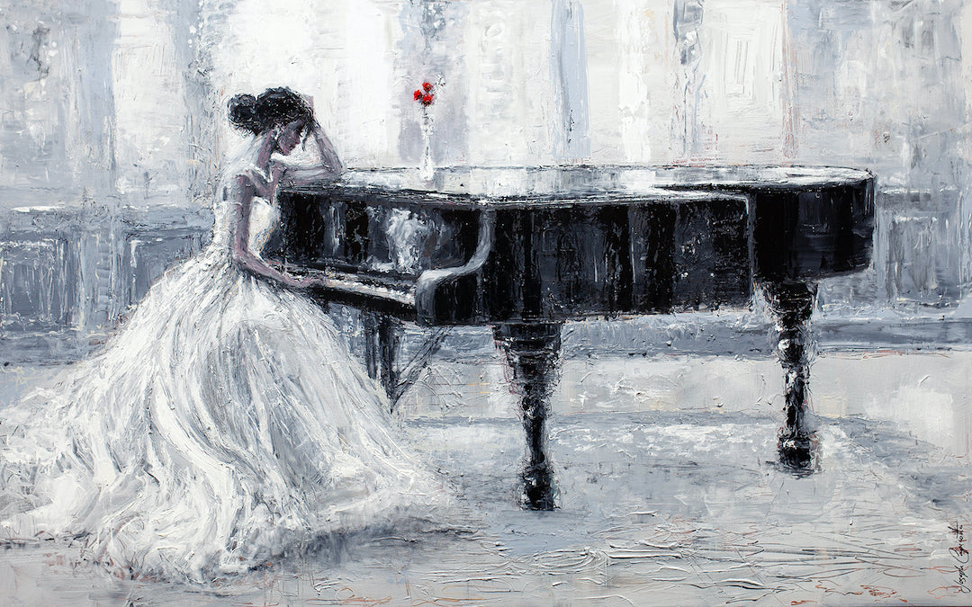 Rich, fine art painting of a woman in a flowing white gown leaning on a polished black grand piano, soft textured background . - Dance Hall Days/AP/#346 - Artist Proofs, Figurative AP, Rolled Canvas, Women & Piano AP
