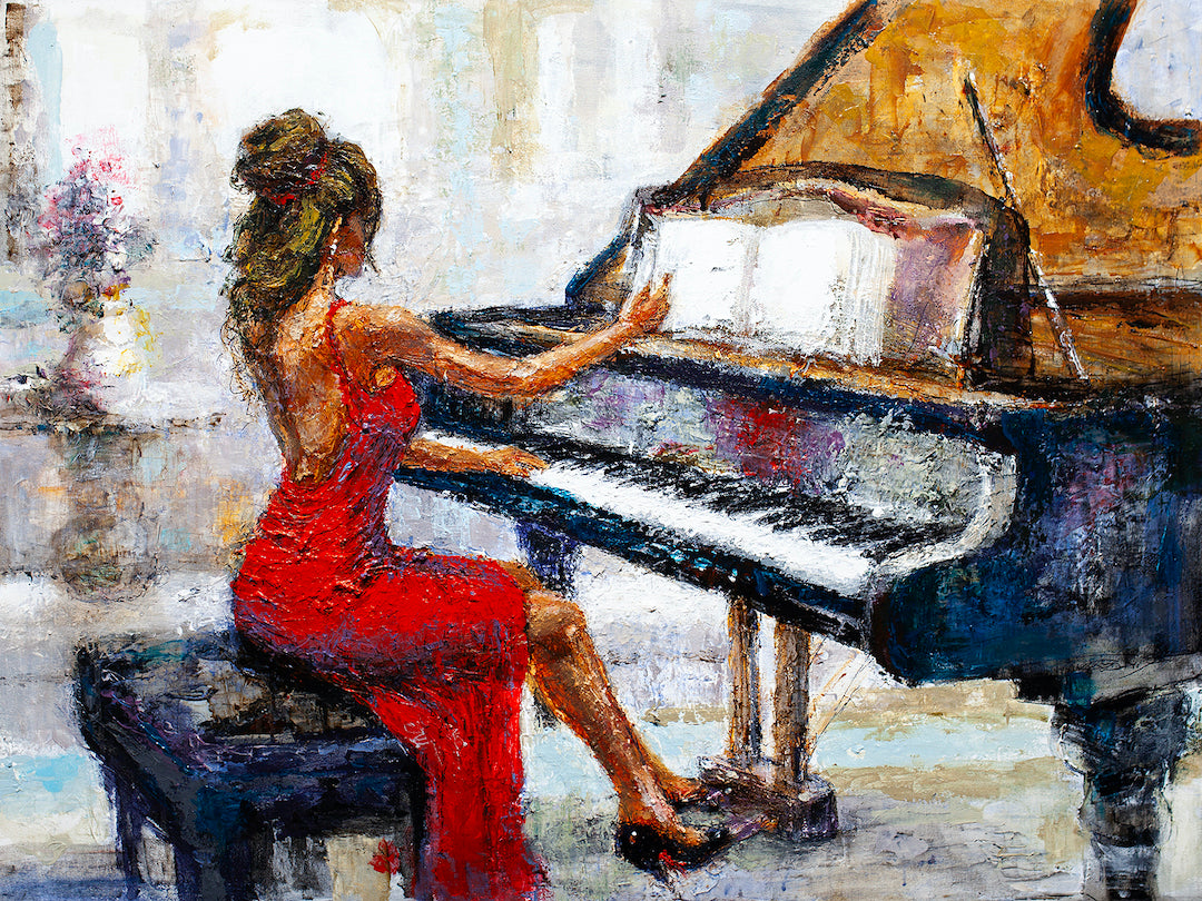Rich fine art painting of a woman in a red dress playing a grand piano, showcasing gallery-level craftsmanship and limited. - Turn the Page/AP/#347 - Artist Proofs, Figurative AP, Rolled Canvas, Women & Piano AP