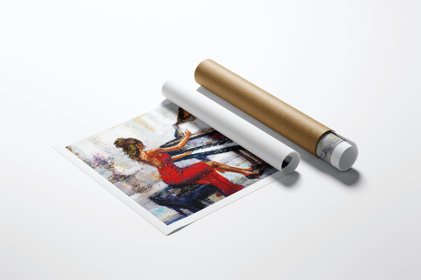 Rolled fine art canvas showing a rich, gallery-level figurative painting of a woman in a red dress playing piano, showcasing . - Turn the Page/AP/#347 - Artist Proofs, Figurative AP, Rolled Canvas, Women & Piano AP