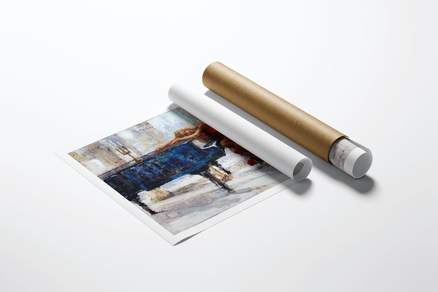 Rolled limited edition fine art canvas print featuring a rich, figurative depiction of a woman playing piano, showcasing. - Sleeping On It/AP/#348 - Artist Proofs, Figurative AP, Rolled Canvas, Women & Piano AP
