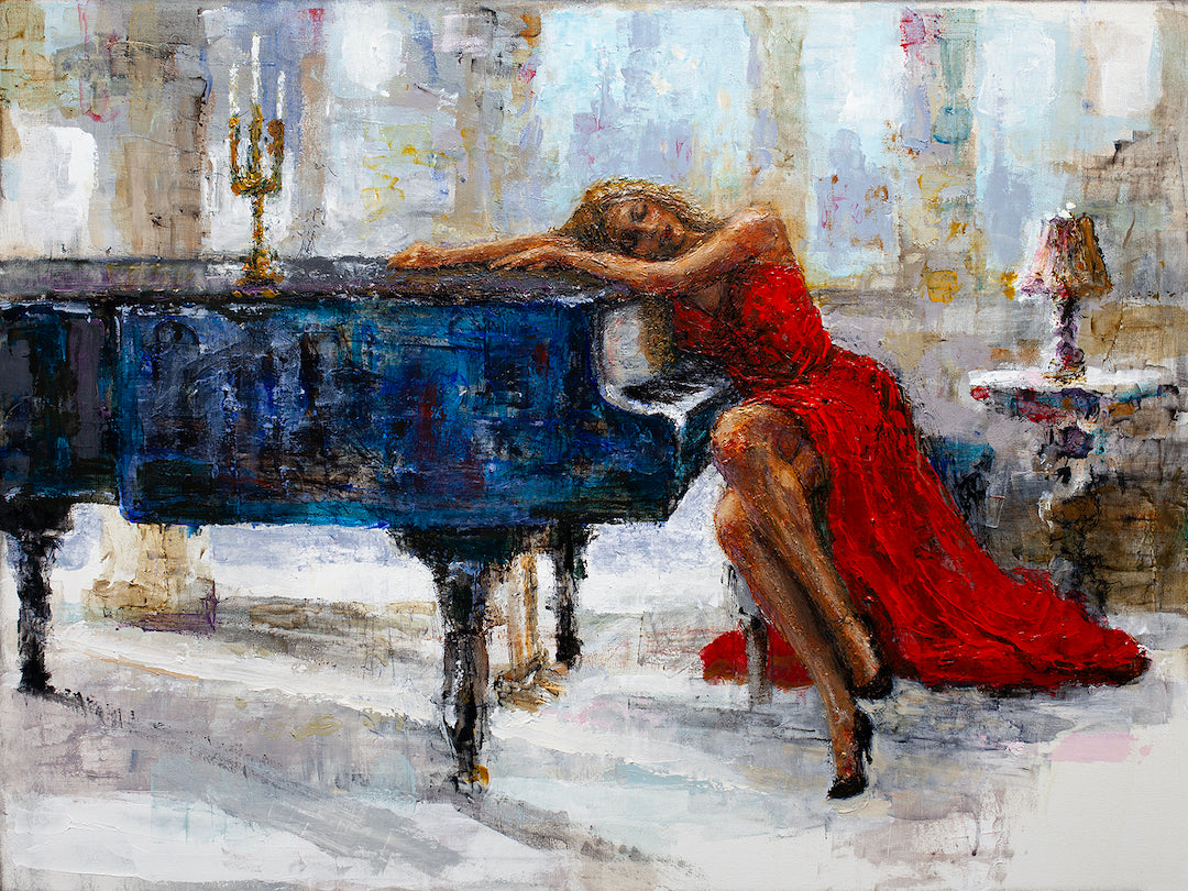 Rich, gallery-level fine art showing a woman in a flowing red dress resting on a grand blue piano, crafted with textured. - Sleeping On It/AP/#348 - Artist Proofs, Figurative AP, Rolled Canvas, Women & Piano AP