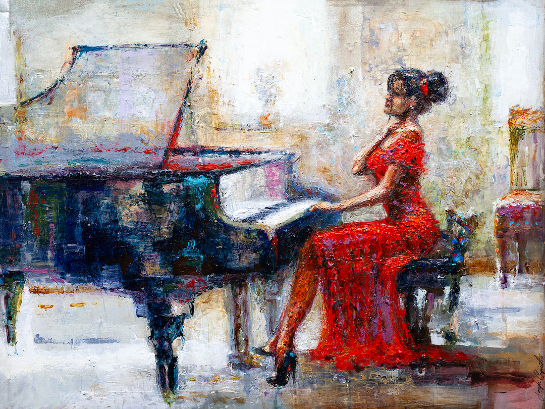 Gallery-level fine art painting of a woman in a rich red dress seated at a black grand piano, showcasing detailed. - Notes and Memories/AP/#350 - Artist Proofs, Figurative AP, Rolled Canvas, Women & Piano AP