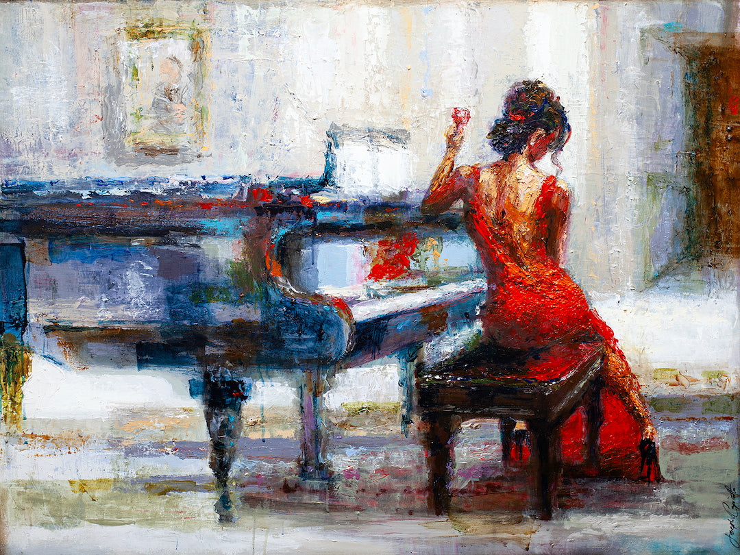 Gallery-level fine art showing a woman in a rich red dress seated at a grand piano, rendered with textured brushstrokes and. - Paths and Memories/AP/#351 - Artist Proofs, Figurative AP, Rolled Canvas, Women & Piano AP