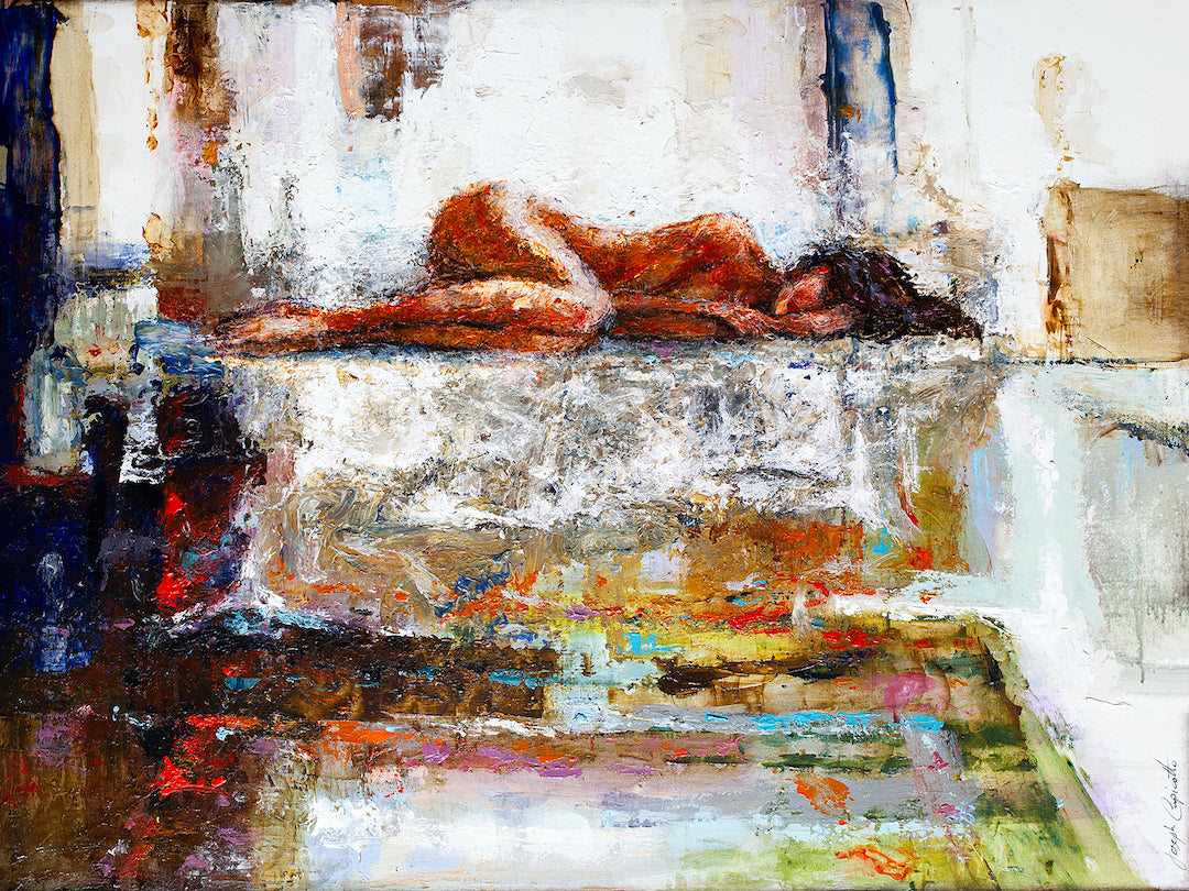 Rich, gallery-level fine art on canvas depicting a reclining nude figure in warm earthy tones with textured, abstract. - Dreams of You/AP/#352 - Artist Proofs, Figurative AP, Rolled Canvas