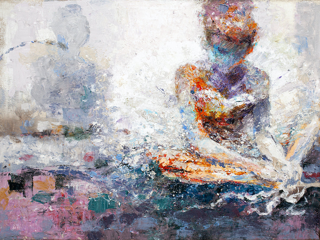 Abstract figurative fine art painting with textured brushstrokes, rich blues and oranges forming a seated figure on white. - Guardian Angel/AP/#353 - Abstract AP, Artist Proofs, Figurative AP, Rolled Canvas