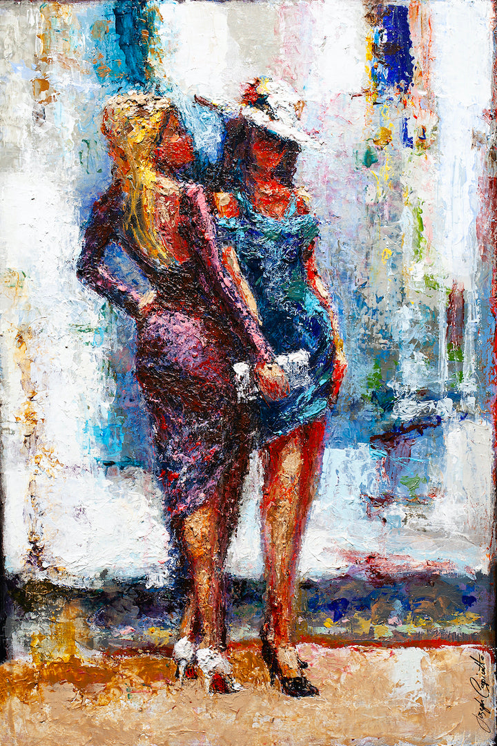 Richly textured fine art on rolled canvas depicting two stylized women in close embrace, vibrant blues and warm earth tones. - Split Personality/AP/#354 - Artist Proofs, Figurative AP, Rolled Canvas