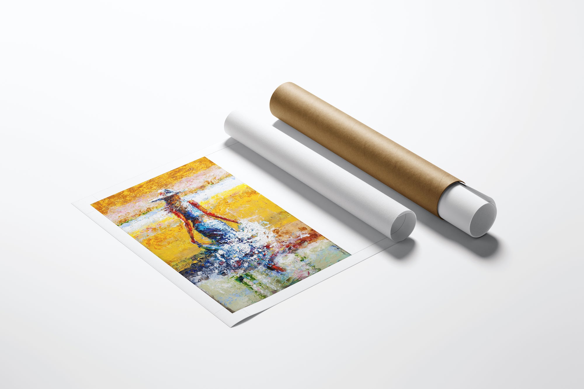 Limited edition fine art print titled California Gold/AP/#356, vibrant figurative painting with rich gold, blue, and orange. - California Gold/AP/#356 - Artist Proofs, Figurative AP, Rolled Canvas