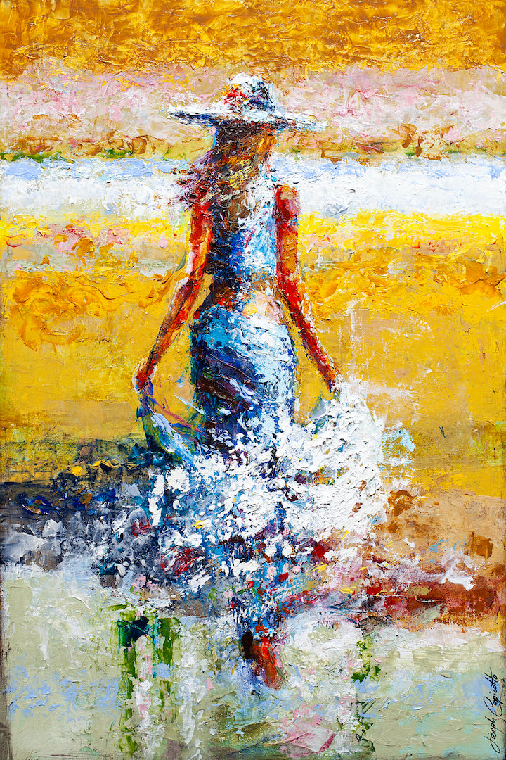 Richly textured fine art on canvas depicting a woman in a flowing dress and hat walking through water, vibrant yellows and. - California Gold/AP/#356 - Artist Proofs, Figurative AP, Rolled Canvas