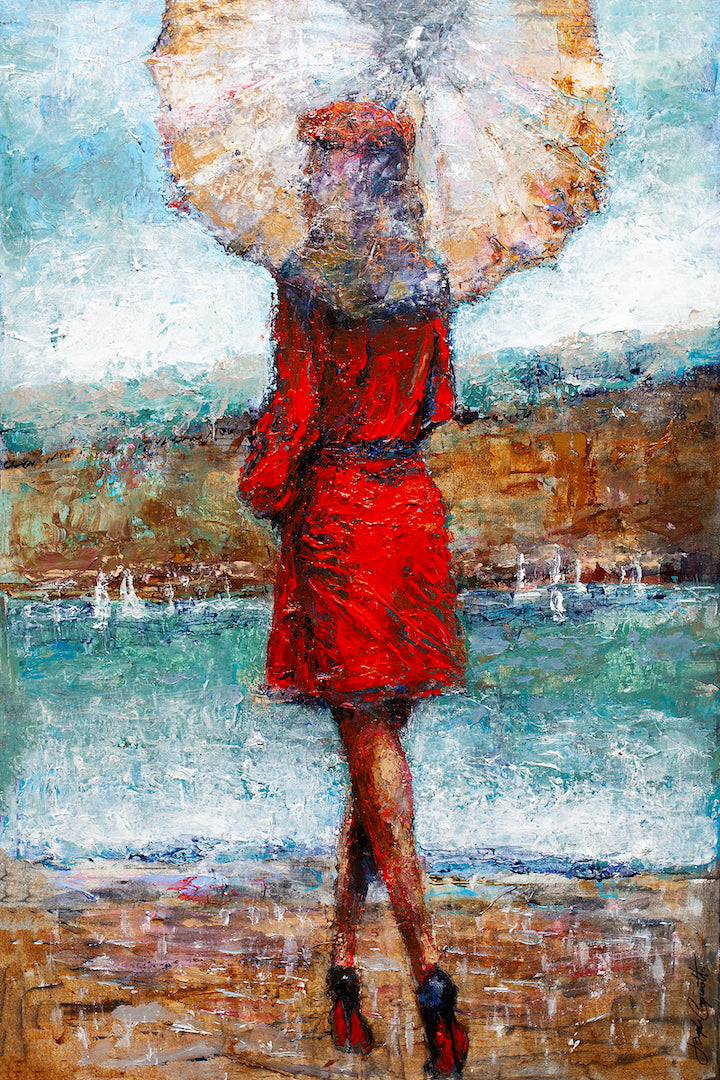 Gallery-level fine art of a woman in a red dress holding a translucent umbrella, textured brushstrokes, rich color palette,. - The Girl with the See-Through Umbrella/AP/#357 - Artist Proofs, Figurative AP, Rolled Canvas