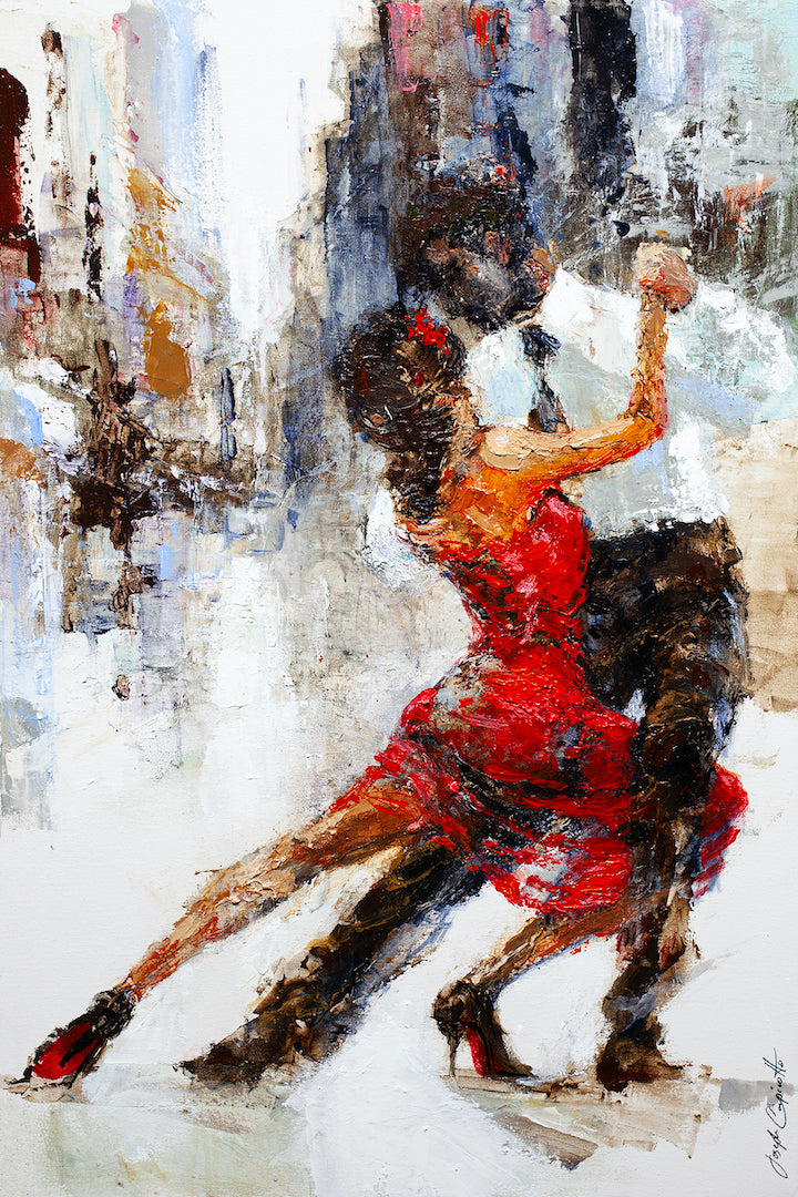 Limited fine art canvas featuring a dynamic dance couple with rich, textured brushstrokes in vibrant reds and muted earth. - Ebb and Flow/AP/#358 - Artist Proofs, Dancers AP, Figurative AP, Rolled Canvas