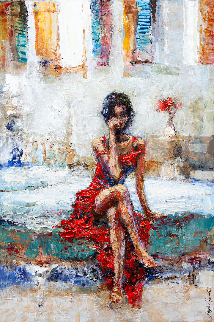 Gallery-level fine art showing a figurative woman in a flowing red dress seated against a textured, abstract background with . - Tutto Sfumato/AP/#359 - Artist Proofs, Figurative AP, Rolled Canvas