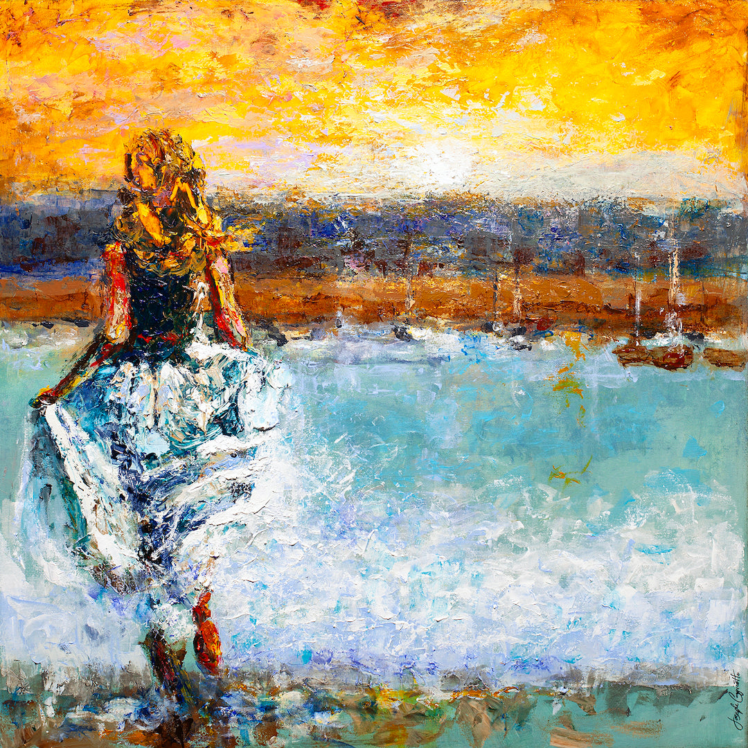 Limited gallery-level fine art figurative painting featuring a solitary woman in a flowing white skirt against a rich,. - Homecoming/AP/#360 - Artist Proofs, Figurative AP, Rolled Canvas