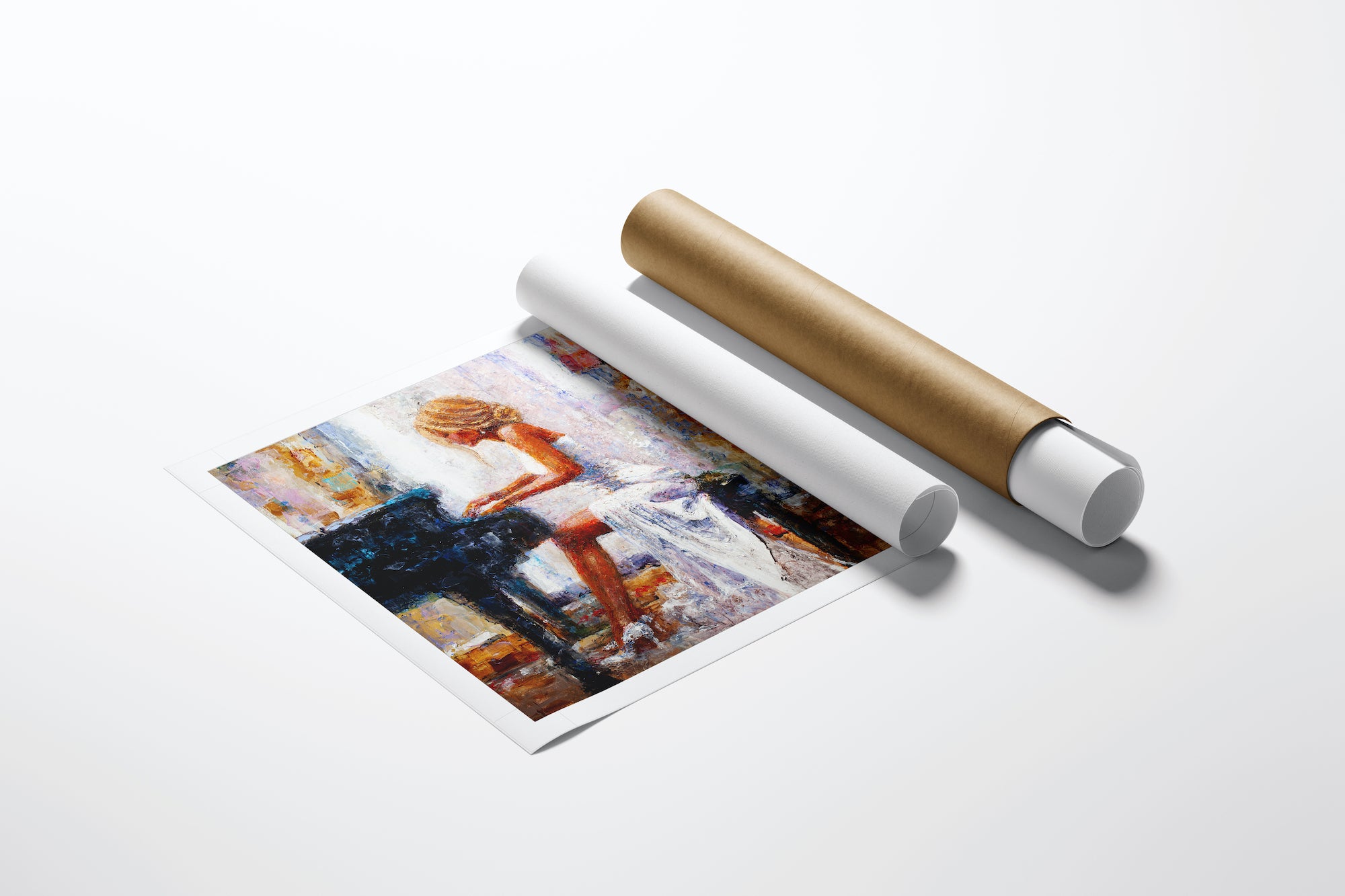 Limited fine art rolled canvas featuring rich, gallery-level figurative artwork of a woman playing piano, showcasing. - Almost Lovers/AP/#361 - Artist Proofs, Figurative AP, Rolled Canvas, Women & Piano AP