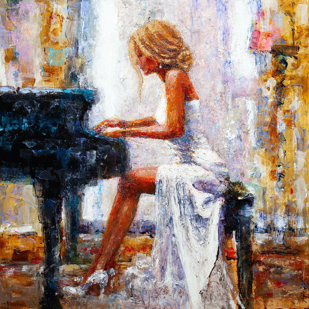 Fine art figurative painting of a woman in a white dress playing piano, rich textured brushstrokes, gallery-level. - Almost Lovers/AP/#361 - Artist Proofs, Figurative AP, Rolled Canvas, Women & Piano AP