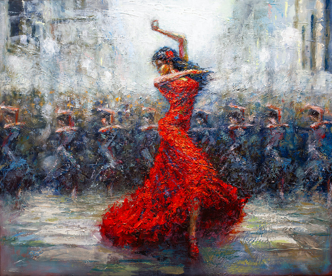Richly textured fine art canvas depicting a ballerina in a flowing red dress dancing passionately with an impressionistic. - Ballerina Cubana/AP/#362 - Artist Proofs, Dancers AP, Figurative AP, Rolled Canvas