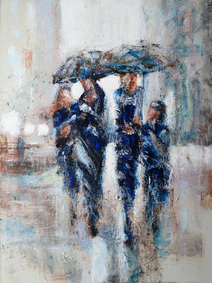 Rich, gallery-level fine art painting of a family in blue attire sharing an umbrella in the rain, showcasing expert. - Embrace the Rain/AP/#363 - Artist Proofs, Figurative AP, Rolled Canvas