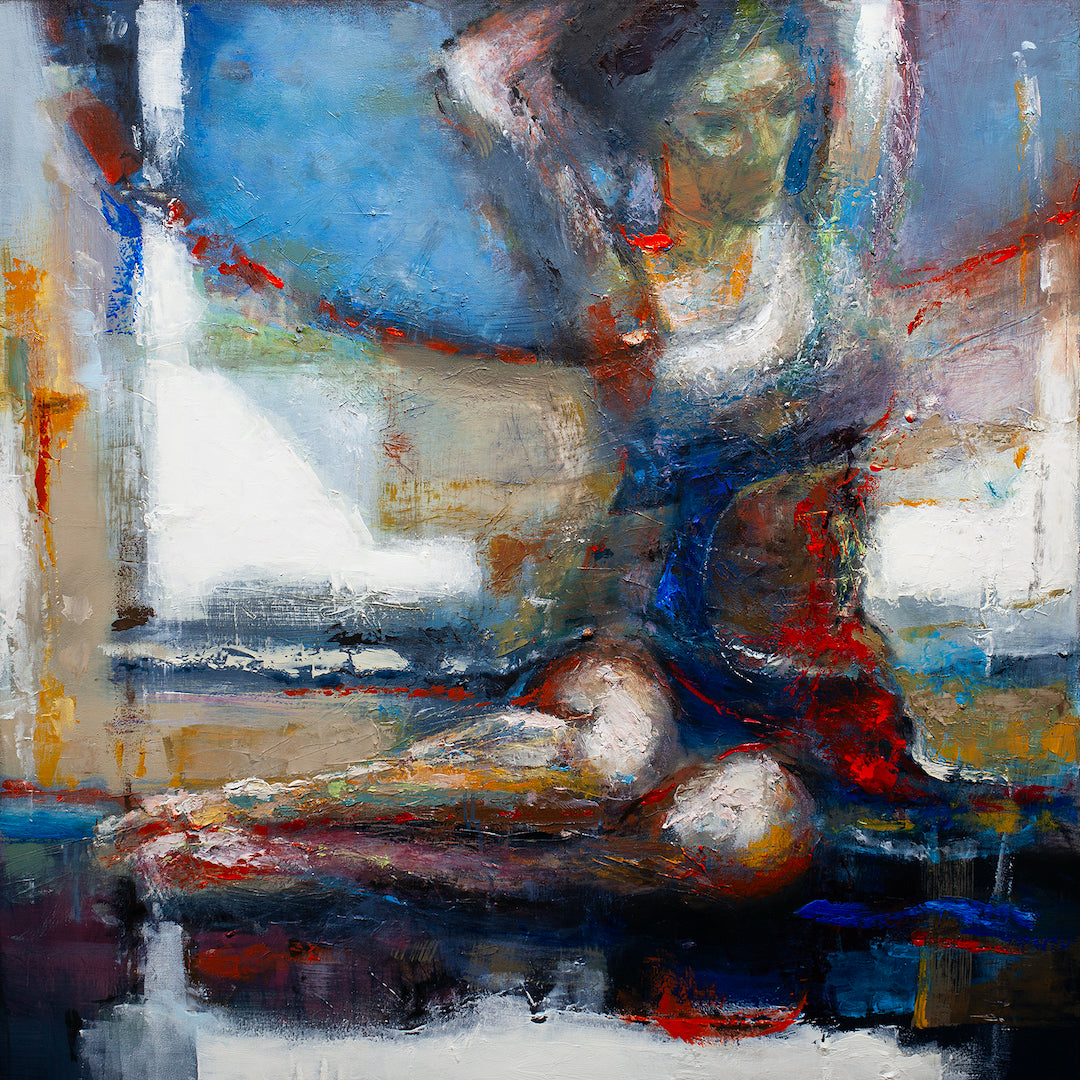 Abstract figurative fine art with rich blue, red, and white tones on textured canvas, showcasing gallery-level craftsmanship . - Color Poser/AP/#365 - Artist Proofs, Figurative AP, Rolled Canvas