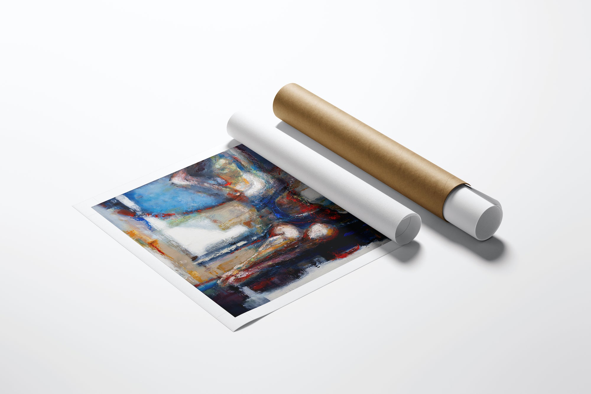 Rolled canvas fine art print titled Color Poser/AP/#365, featuring rich, abstract figurative strokes in blue, orange, and. - Color Poser/AP/#365 - Artist Proofs, Figurative AP, Rolled Canvas
