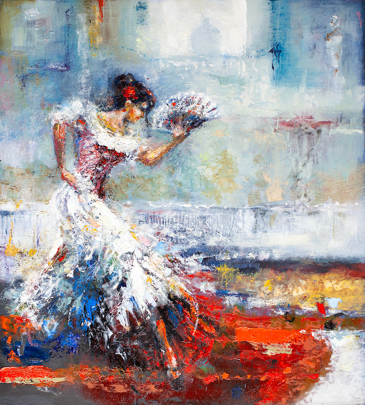 Limited fine art canvas depicting a gallery-level dancer in white and red dress holding a fan, rich textured brushstrokes. - Dancer of Spain/AP/#366 - Artist Proofs, Dancers AP, Figurative AP, Rolled Canvas
