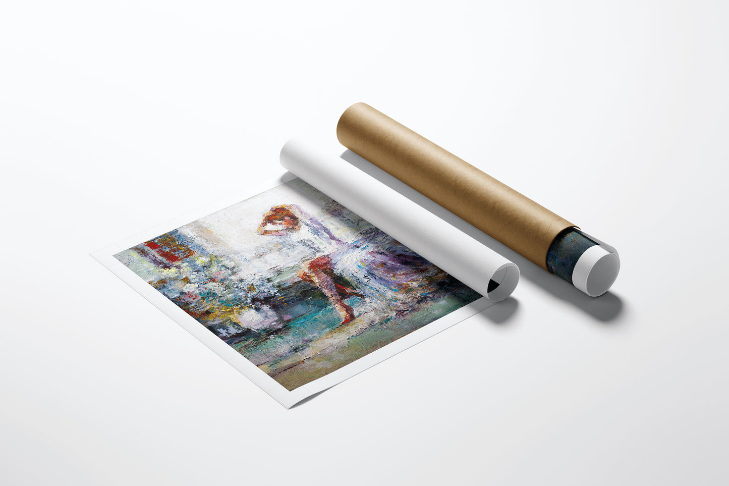 Rolled fine art canvas print laid out beside protective kraft and white tubes, showcasing gallery-level quality and rich. - Sunday Flow/AP/#367 - Artist Proofs, Figurative AP, Rolled Canvas