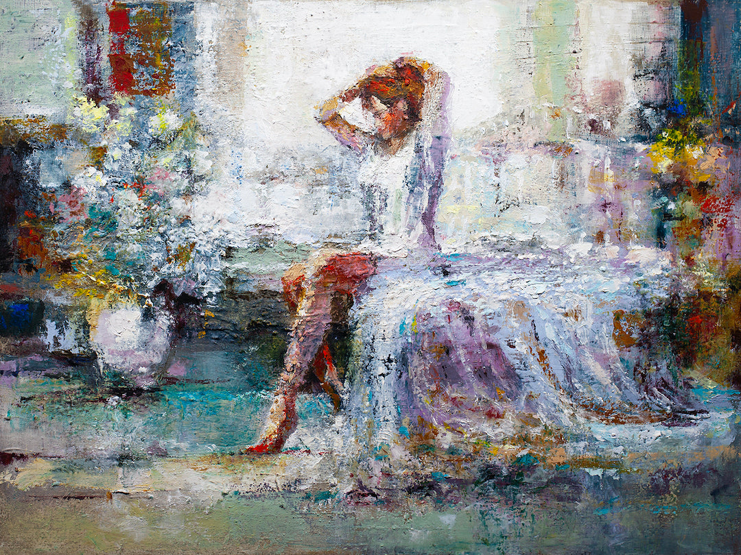 Limited fine art canvas featuring a rich, textured figurative scene of a woman seated on a draped surface, showcasing. - Sunday Flow/AP/#367 - Artist Proofs, Figurative AP, Rolled Canvas